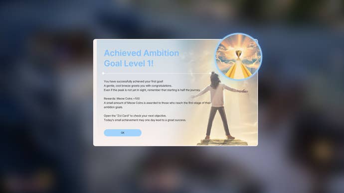 A menu announcing that you have reached Ambition Goal Level 1 in inZoi.