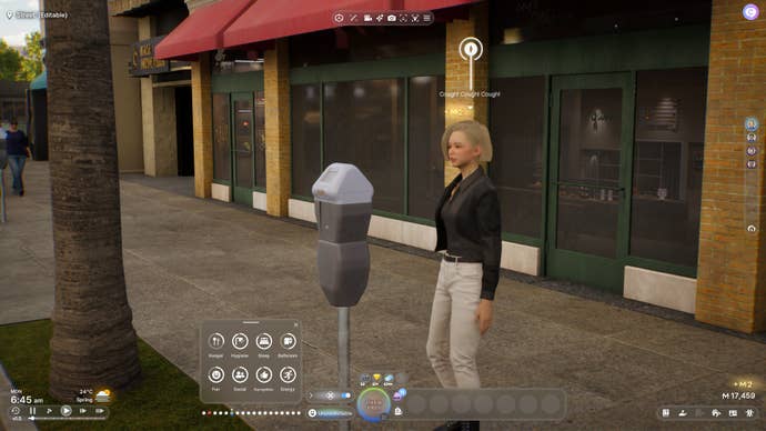 A woman stands next to a parking meter on an empty street in inZoi.