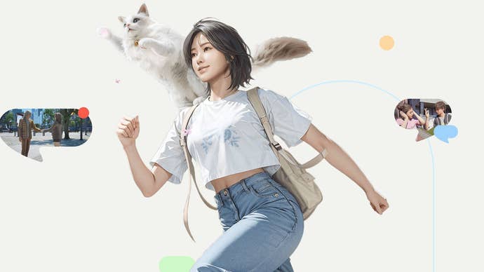 A woman is running the a blank void with a cat on her shoulder in key art for Inzoi.
