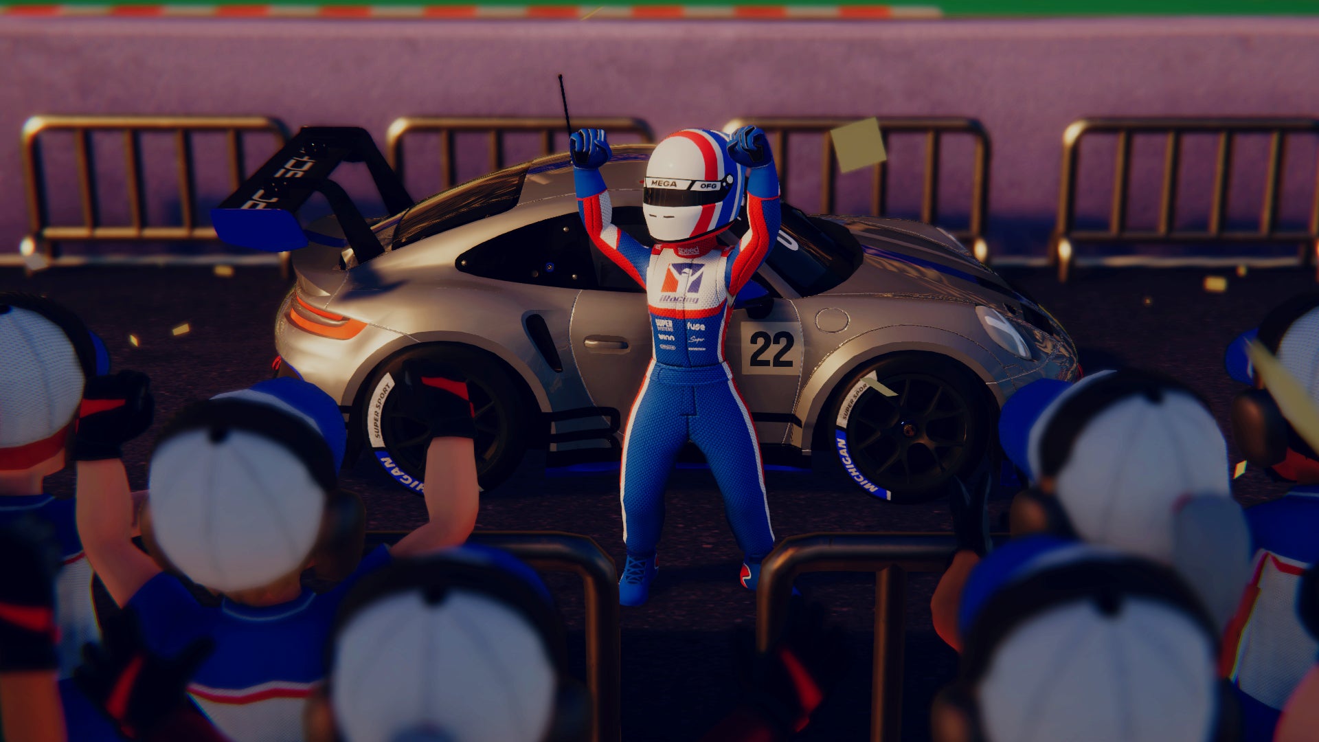 A racing operator celebrating successful beforehand of a Porsche successful iRacing Arcade.
