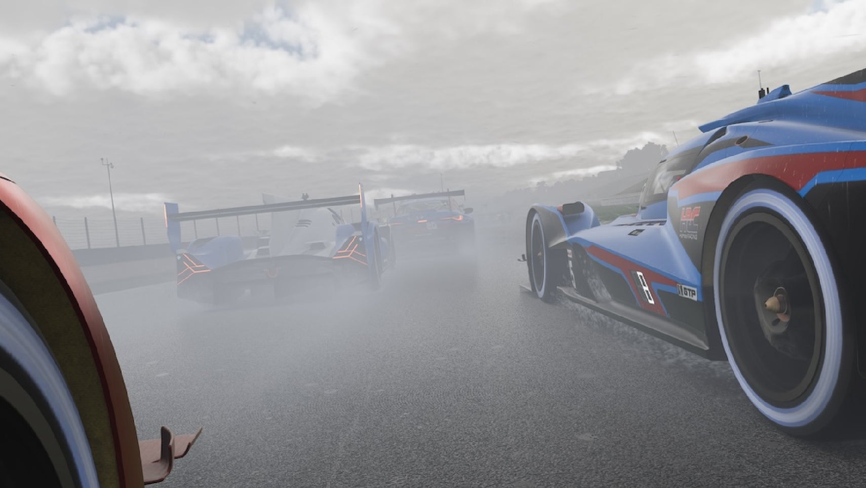 Some prototypes racing in the rain in iRacing. - 1