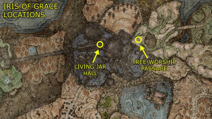 A map showing the two areas where you can pick up an Iris of Grace in Elden Ring: Shadow Of The Erdtree.