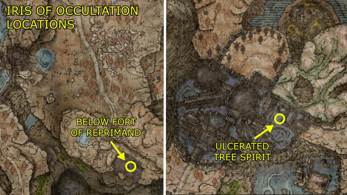 A map showing the locations of both Iris of Occultation in Elden Ring: Shadow of the Erdtree.