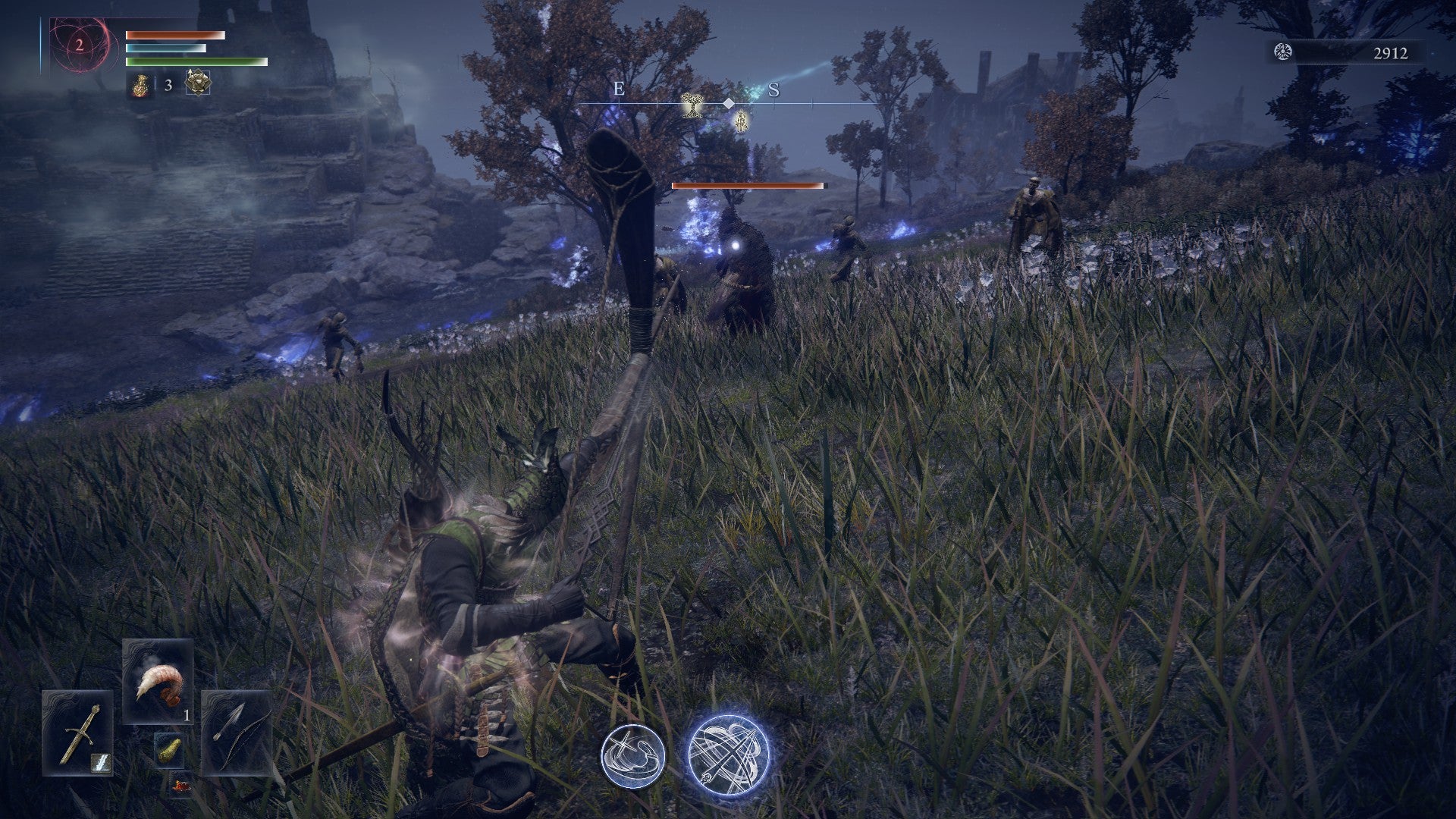 Ironeye prepares to unleash his ultimate skill, Single Shot, with a giant bow against several oncoming enemies in Elden Ring: Nightreign. - 9