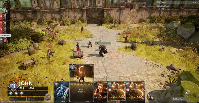 The player ponders their next move from a set of cards during combat in turn-based co-op RPG Ironmarked