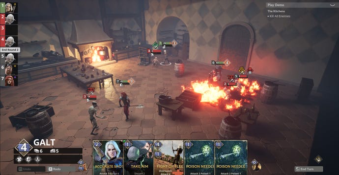Fire blazes through a kitchen during combat in turn-based co-op RPG Ironmarked