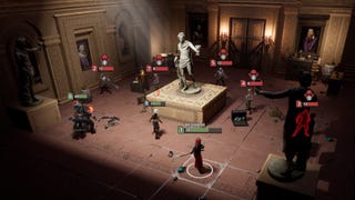 An Ironmarked screenshot showing a grid-based battle, with combatants surrounding a marble statue in a museum-like room.
