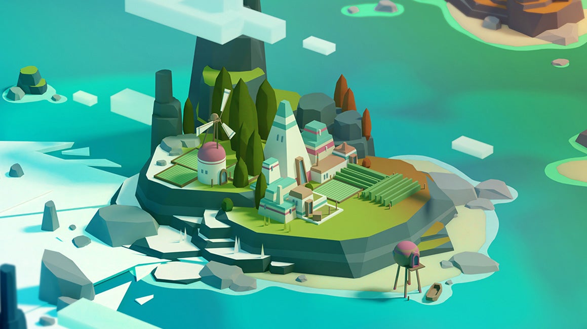 A pretty illustrative image of a small island with a few buildings on it, as if seen from slightly above the clouds. The cloud drifting by is blocky - it&rsquo;s a kind of low-fi representation of a scene.