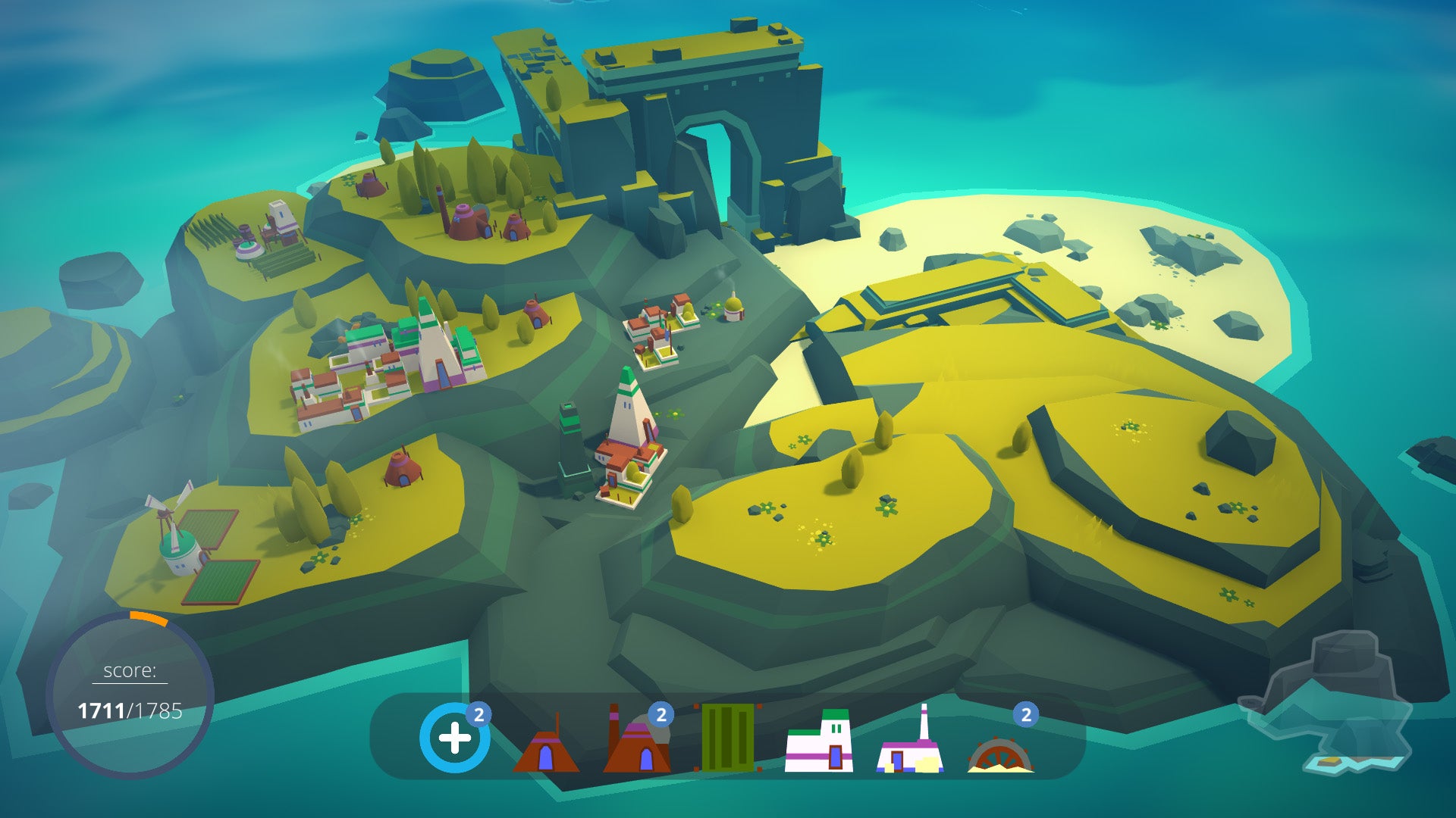 A screenshot of the game Isanders, a low-fi, chill, building game. Here we see a small island dotted with a few buildings. It&rsquo;s idyllic.