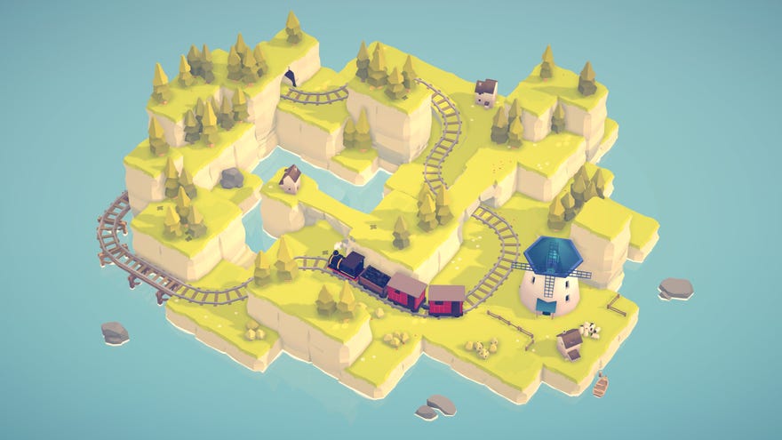 A cute island with green grass, blocky hills, trees, and a train trundling around it.