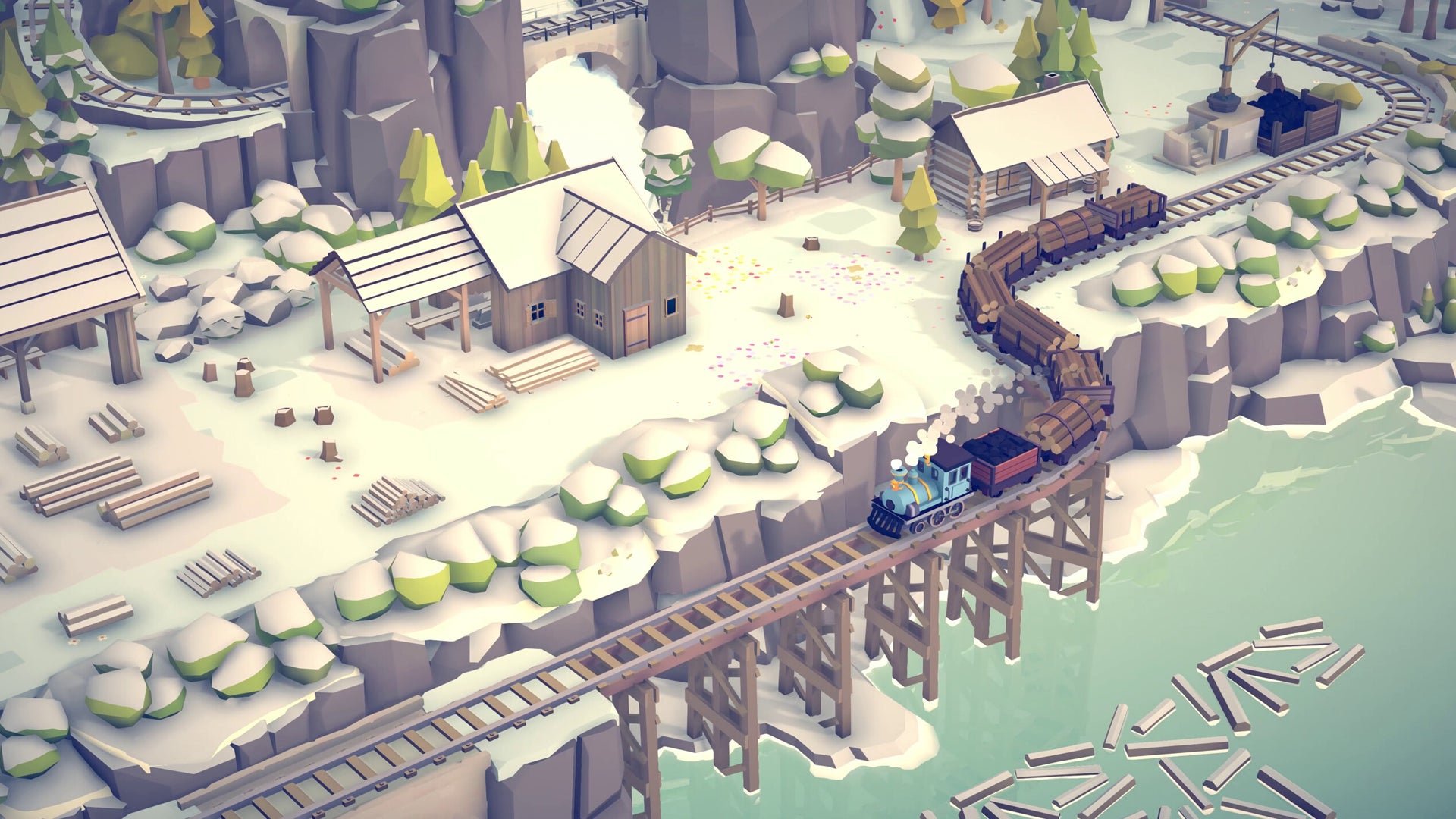 A train chugging along a track in a snowy town in Islands & Trains. - 1