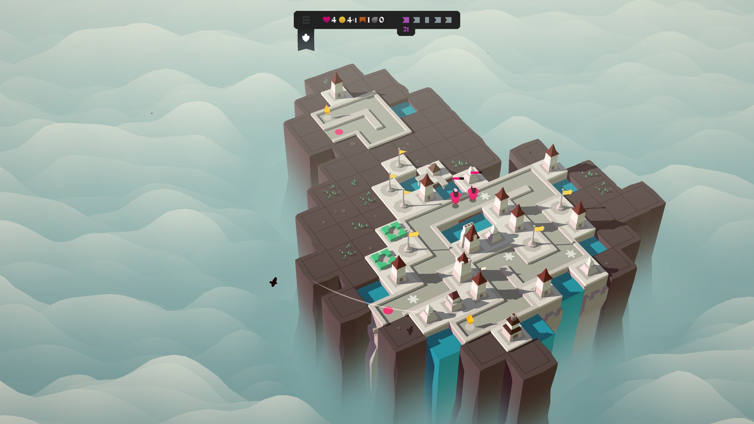 A cityscape in the sky, on a small island that can be expanded. It&rsquo;s a tower-defence game but very stripped back visually. It looks like a mini Greek city in the sky.