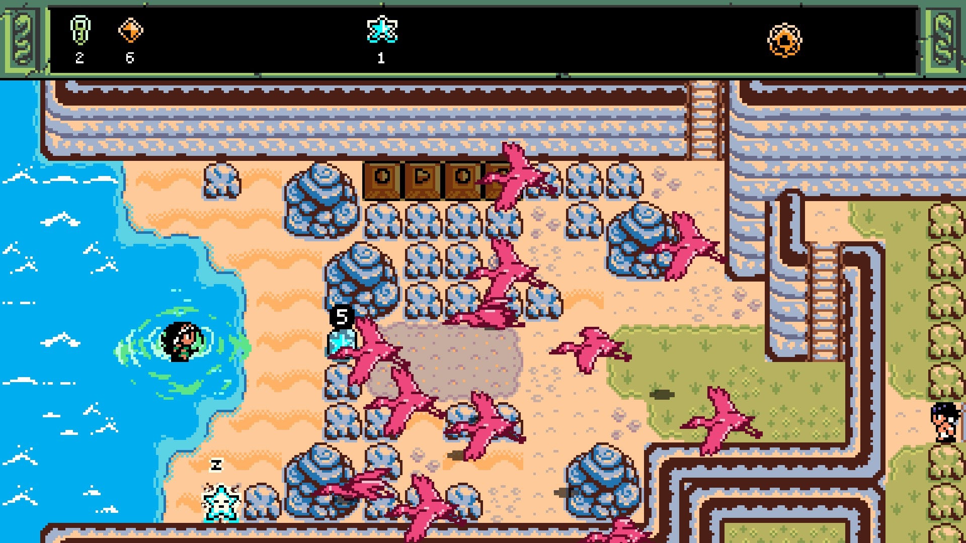 Flamingoes fly towards the sea as the protagonist chills in the water in Isles Of Sea and Sky. - 5