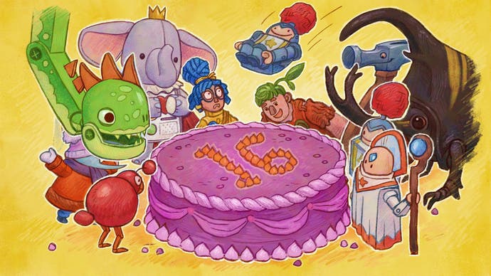 It Takes Two artwork showing characters from the game gathered around a cake with the number 16 on it