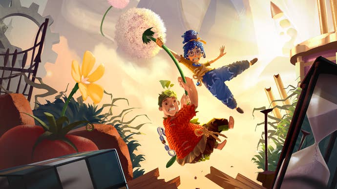 It Takes Two artwork featuring male and female dolls riding a flower