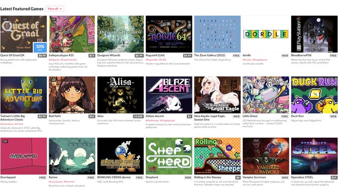 Artwork and descriptions for loads of indie games in the Latest Featured Games grid on the Itch.io store.