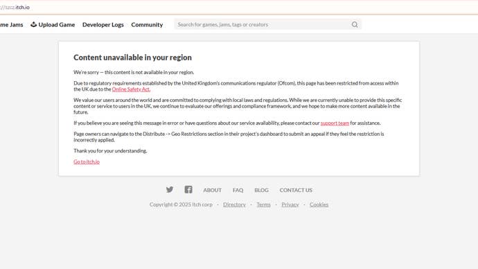 John Szczepaniak's Itch page is blocked in the UK
