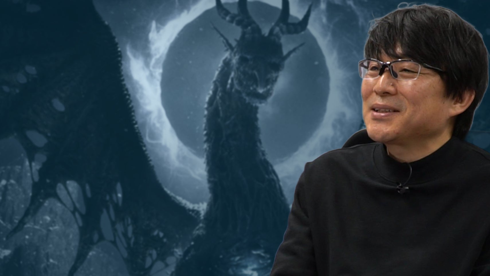 Hideaki Itsuno in front of a Dragon from Dragon's Dogma 2 Dark Arisen