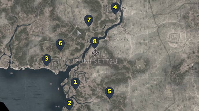 A map with pointers showing all eight Kakurega in the Izumi Settsu region of Assassin’s Creed Shadows.