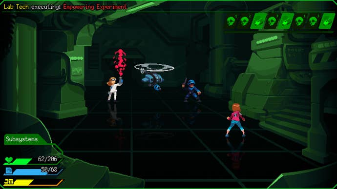 A young woman fights enemies in a green cyberspace environment in Jack Move