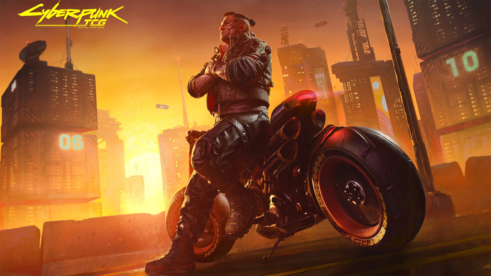 A tough looking biker leans against their futuristic sports bike, arms crossed, as the sun goes down on the city around them. It's Jackie from Cyberpunk 2077.