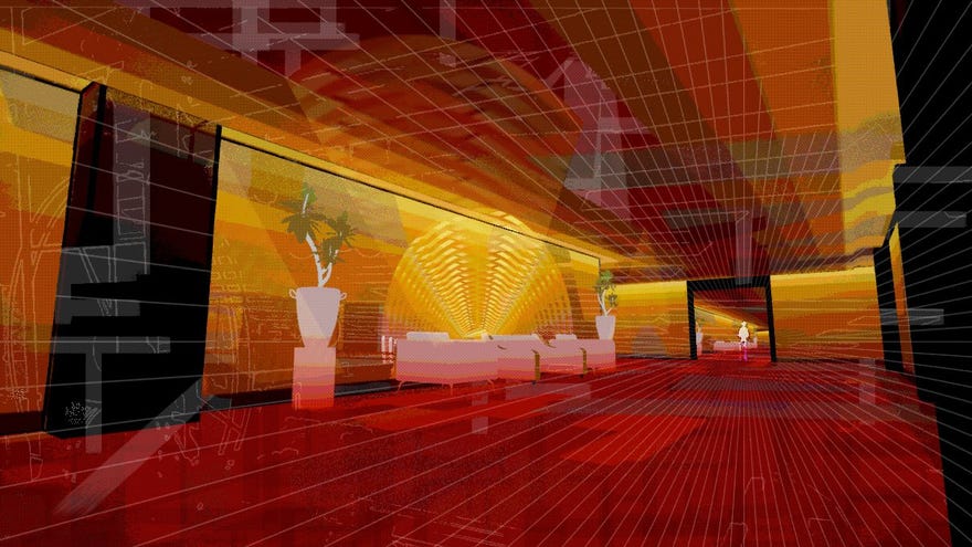 A striking golden and red hallway in an untitled indie game made by Jacob Potterfield.