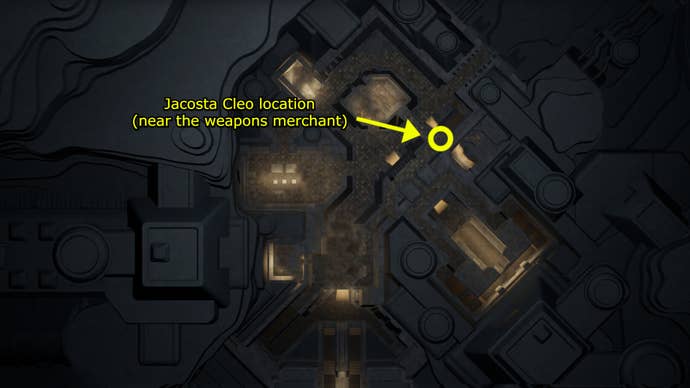 Un mapa de la aldea de Harko con una flecha amarilla que muestra la ubicación aproximada de Jacosta Cleo en Dune Awakening.