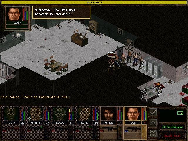 A fire fight in a tight hallway in Jagged Alliance 2