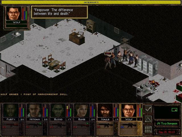 A fire fight in a tight hallway in Jagged Alliance 2