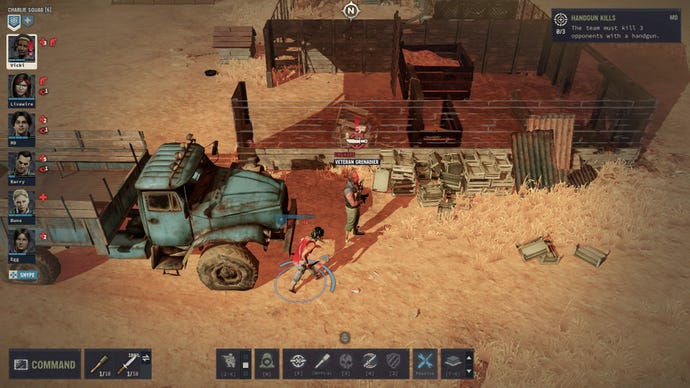 A squad member sneaks up on an enemy soldier in Jagged Alliance 3