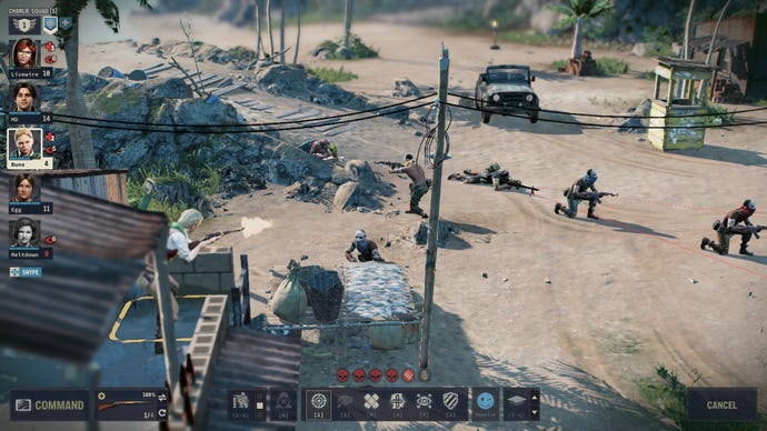 An open sandy area acts as a battleground for fighting soldiers in Jagged Alliance 3