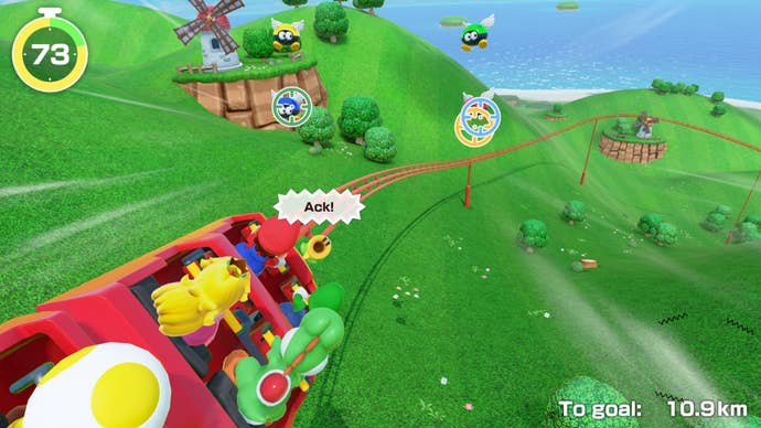 Mario & friends riding a rollercoaster, while a pointer shows how the player is aiming and shooting at passing enemies as they ride.
