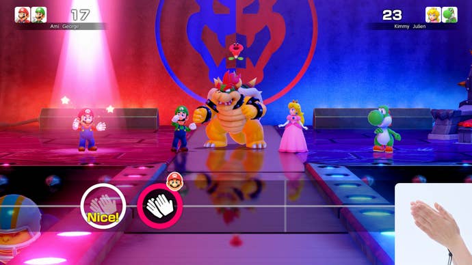 A rhythm based mini game in Super Mario Party Jamboree, depicted in a screenshot. Players must clap in time with the music.