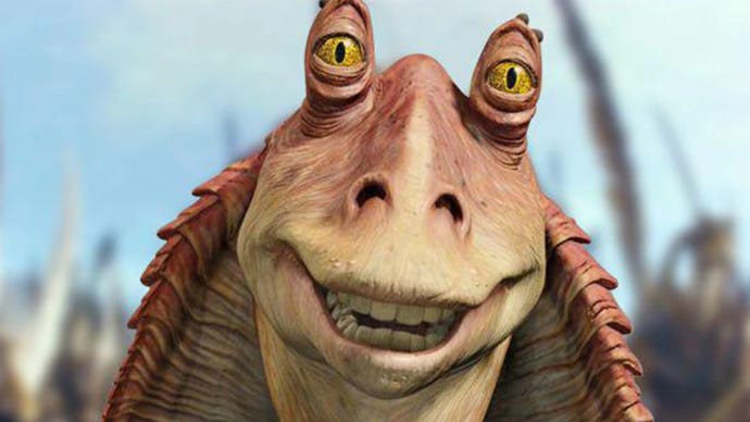 A smiling close-up shot of Jar-Jar Binks, from Star Wars Episode 1: The Phantom Menace.
