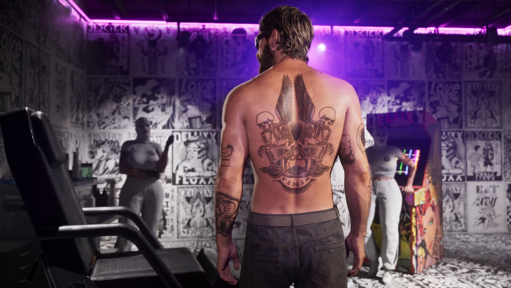 The back of a male character with a large skin-filling tattoo on it. Indeed, he is in a tattoo shop. He's in good shape, too.