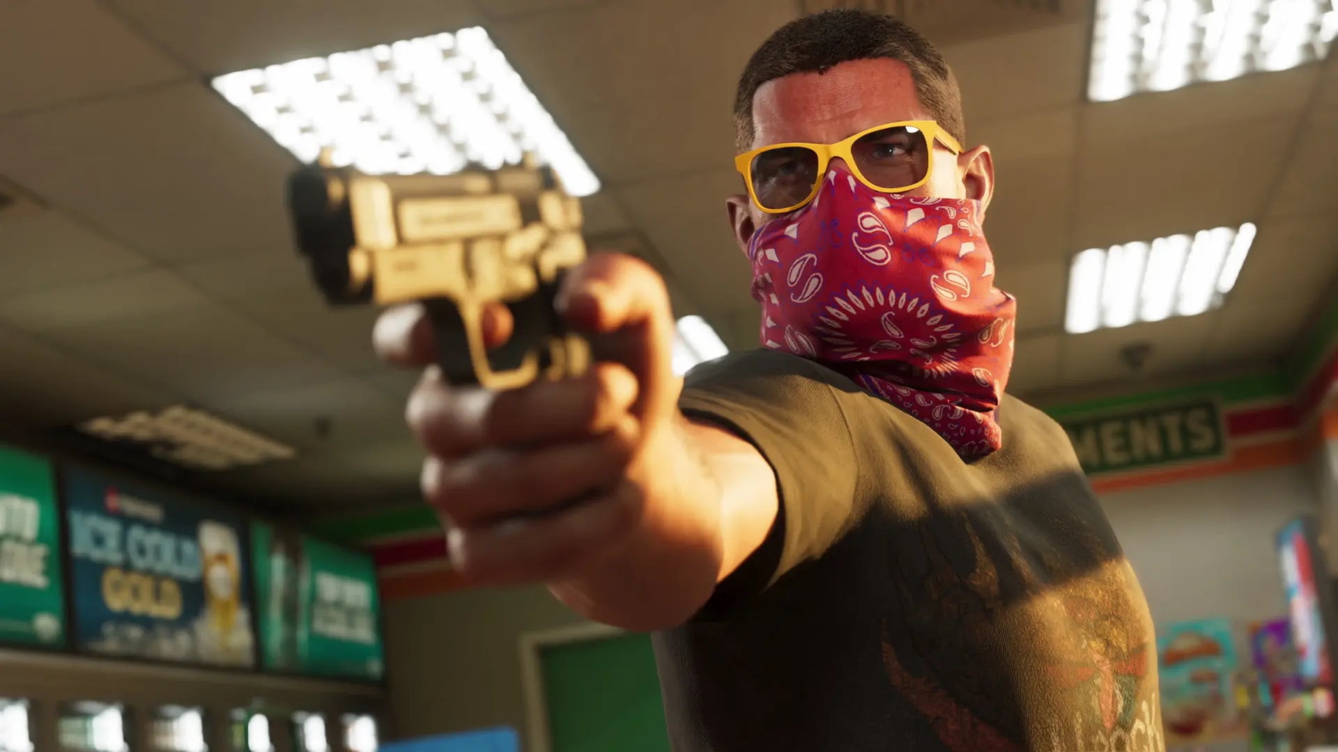 Burly GTA 6 hero Jason inside a store, pointing a pistol while wearing a red face scarf and yellow glasses - 1