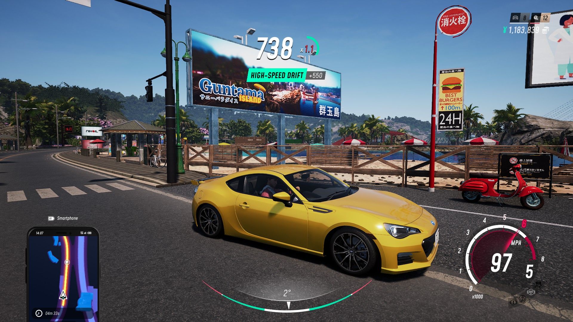 A gold Subaru speeds through a town in Japan, past a billboard. - 1