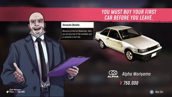 A salesman sells the subordinate the game's starter car - a achromatic "Alpha".