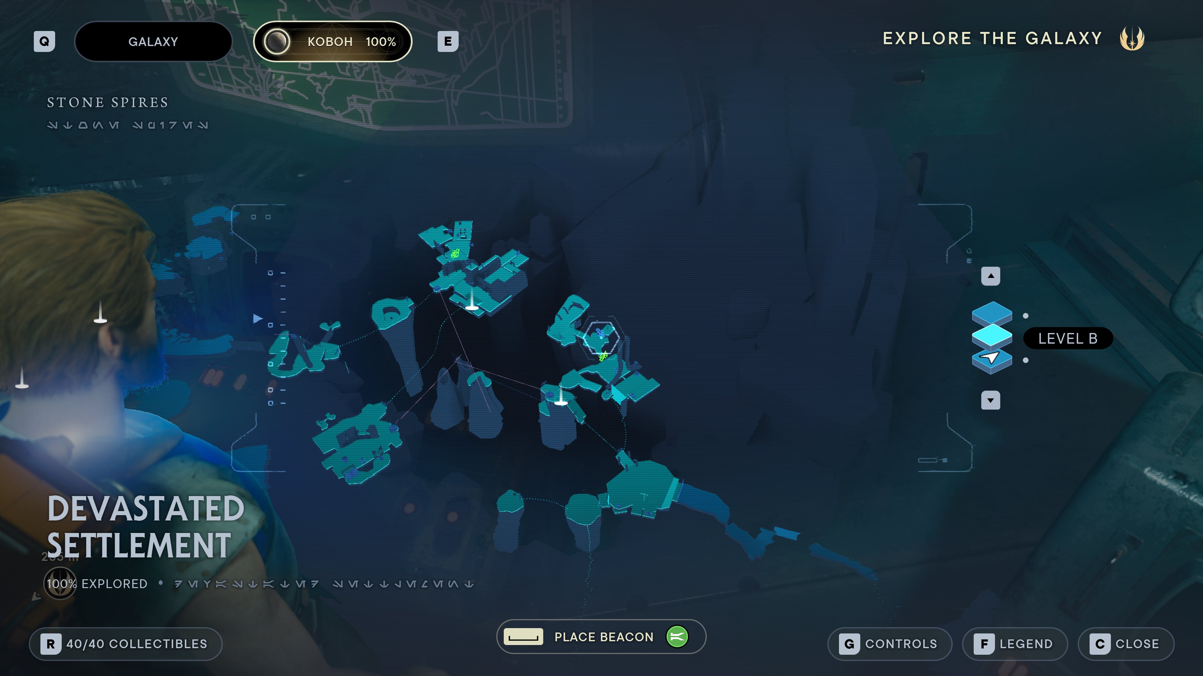 Part of the map of Koboh in Jedi: Survivor, with the location of the Ambidexterity Perk marked.