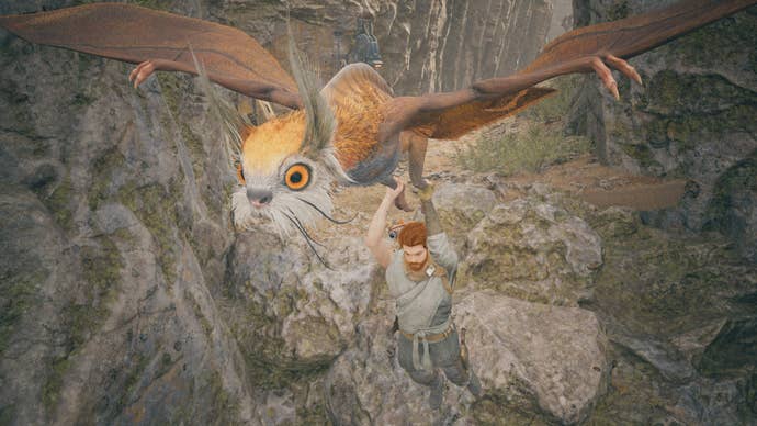 Cal grabs onto the legs of a gliding creature to fly down from the Winding Ravine on Koboh in Jedi: Survivor.