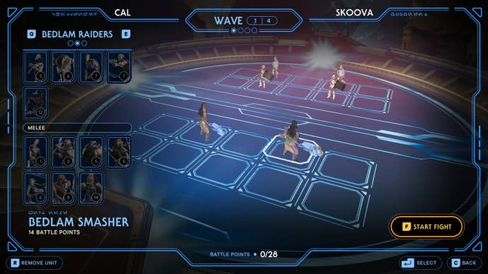 A game of Holotactics in Jedi: Survivor. The player puts down two Bedlam Smashers on their side of the board to defeat the enemy’s Shield Troopers and Heavy Assault Troopers.