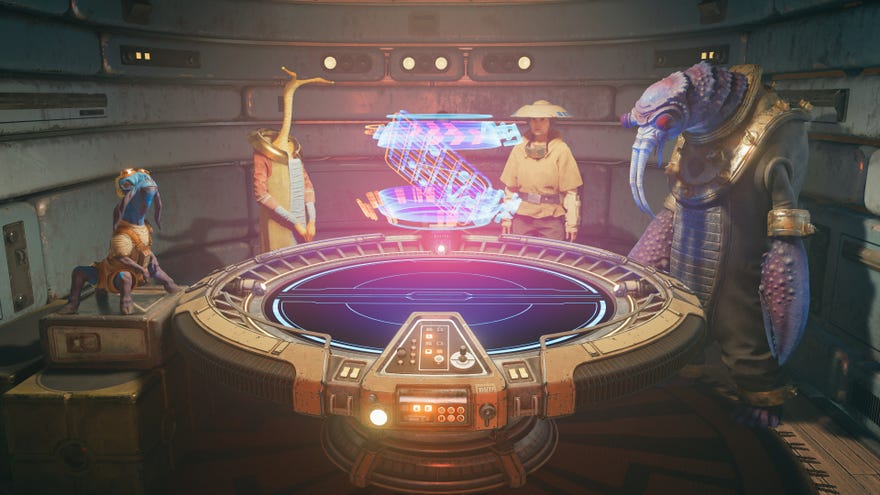 Players gather around the Holotactics table in Pyloon’s Saloon in Jedi: Survivor.