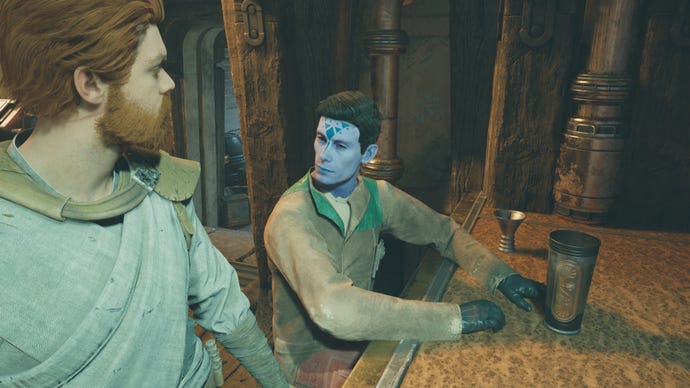 Cal converses with Moran at the Pyloon’s Saloon bar in Jedi: Survivor.