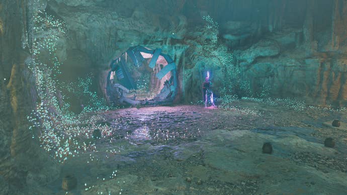 An establishing shot of the Phon’Qi Caverns on Koboh in Jedi: Survivor, where a Magnaguard guards the entrance to another portion of the caverns.
