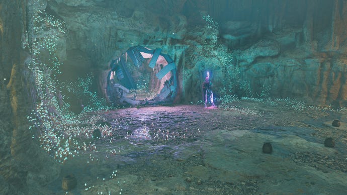 An establishing shot of the Phon’Qi Caverns on Koboh in Jedi: Survivor, where a Magnaguard guards the entrance to another portion of the caverns.