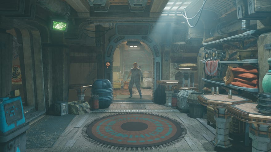 A screenshot of a back room in Pyloon’s Saloon in Jedi: Survivor, where Cal and BD-1 are standing in the doorway of a door that spends much of the game locked.