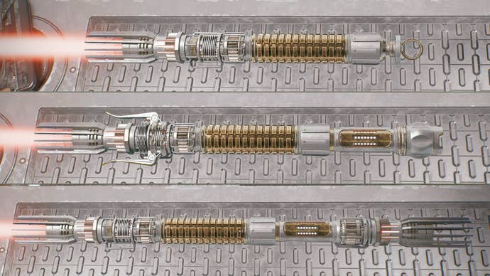 Three screenshots of a red lightsaber design in Jedi: Survivor in different stances. From top to bottom: Single, Crossguard, Double-Bladed.