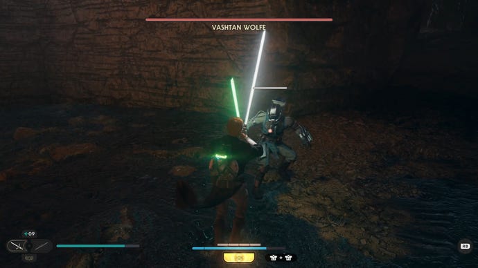 Cal fights Vashtan Wolfe, a Bedlam Raider armed with a green lightsaber, inside Wolfe’s Lair on Koboh in Jedi: Survivor.