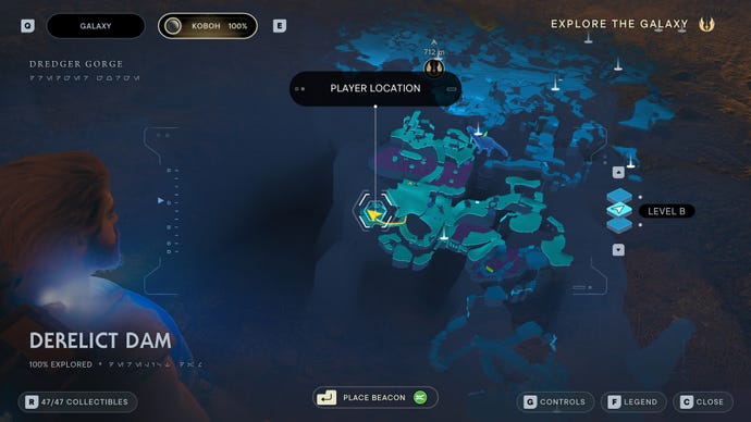 Part of the map of Koboh in Jedi: Survivor, with the location of Vashtan Wolfe’s Lair marked.