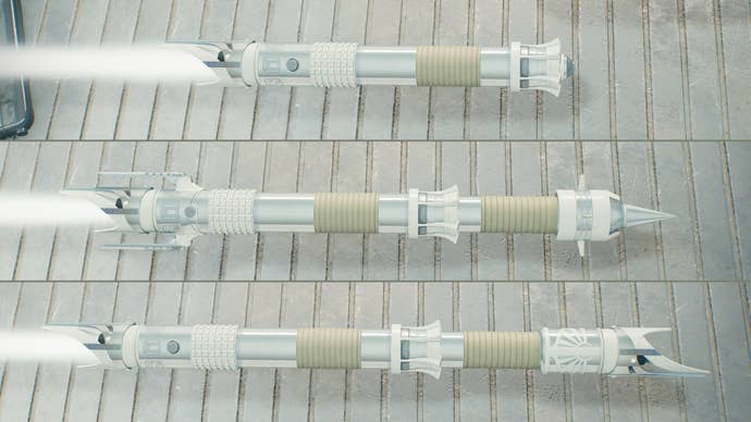 Three screenshots of a white lightsaber design in Jedi: Survivor in different stances. From top to bottom: Single, Crossguard, Double-Bladed.
